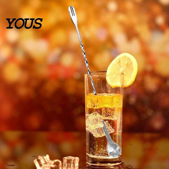 Long Handle Mixing Spoon Dual Head Bar Spoon, Cocktail Stirrers with Handle, Spiral Anti Slip Stainless Steel Drink Trident Tip for Coffee Drinks Tool