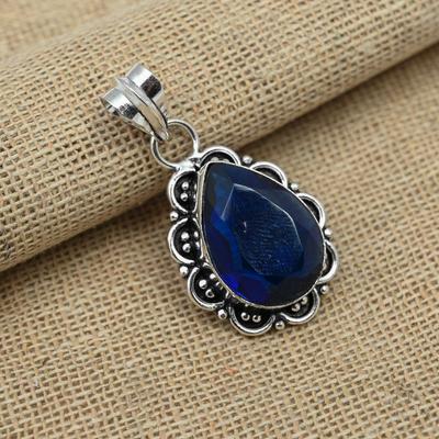 Blue Sapphire Lab-Created Gemstone 925 Solid Sterling Silver Jewelry Antique Pendant