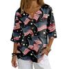 Women's V-Neck Button Three-Quarter Sleeve Casual Independence Day Print Pullover T-Shirt