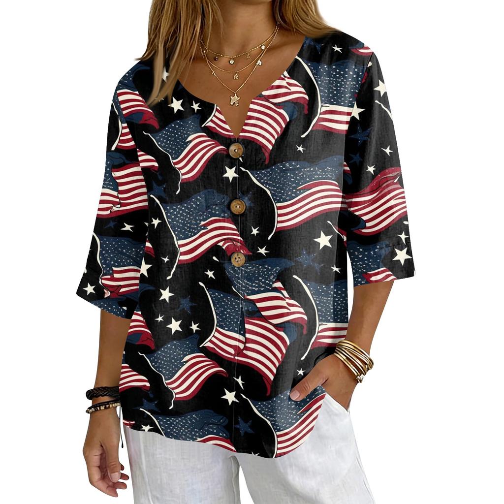 Women's V-Neck Button Three-Quarter Sleeve Casual Independence Day Print Pullover T-Shirt