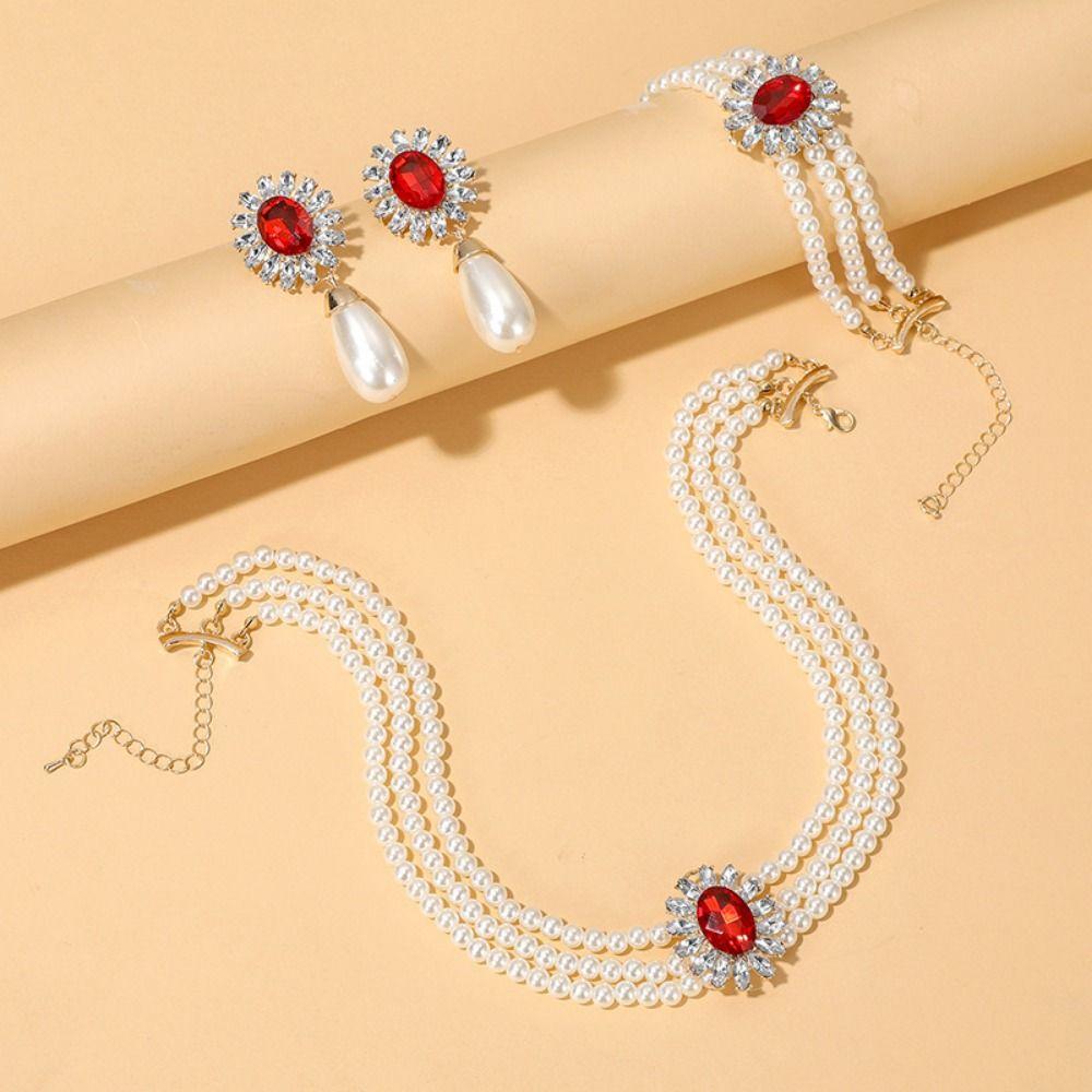 Flower Multilayer Jewelry Set Shining Women's Necklace Pearl Necklace Earring Set Women