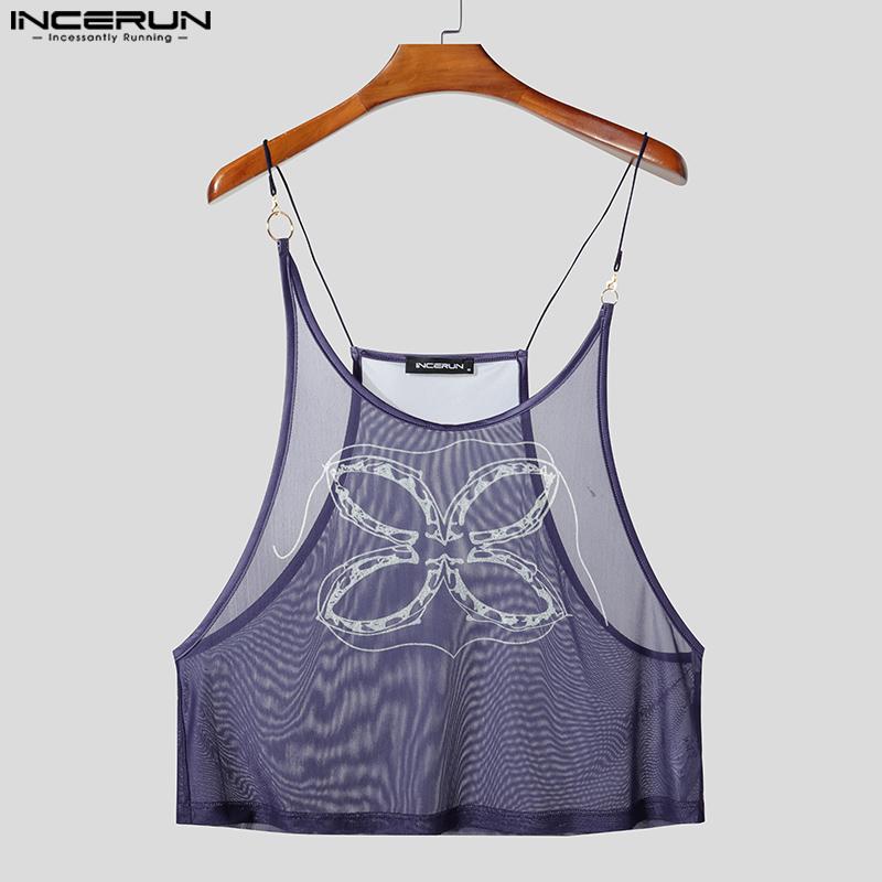 INCERUN Men Sling Sleeveless Print Mesh Sheer Tank Tops Camisole Undershirts