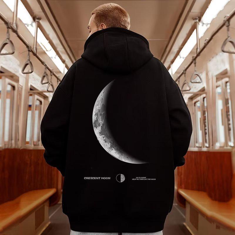 

M-8XL American Style Street Crescent Print Oversized Hoodie Long-sleeve Loose Hoodie Student s Large Soft Velvet Hooded Sweater S