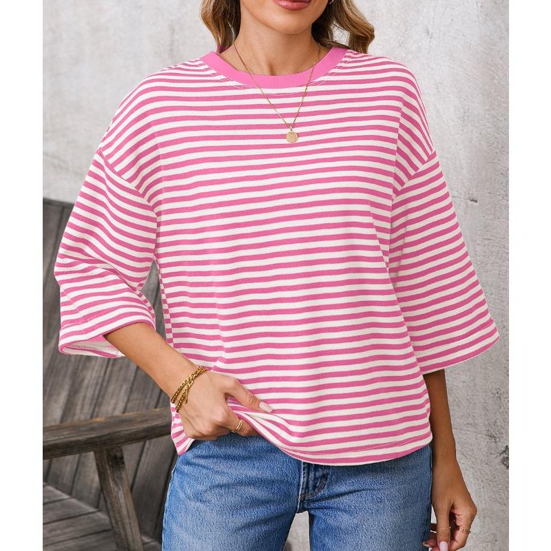 New Women's Round Neck Striped Back Tie Bow Pullover Knitted Top