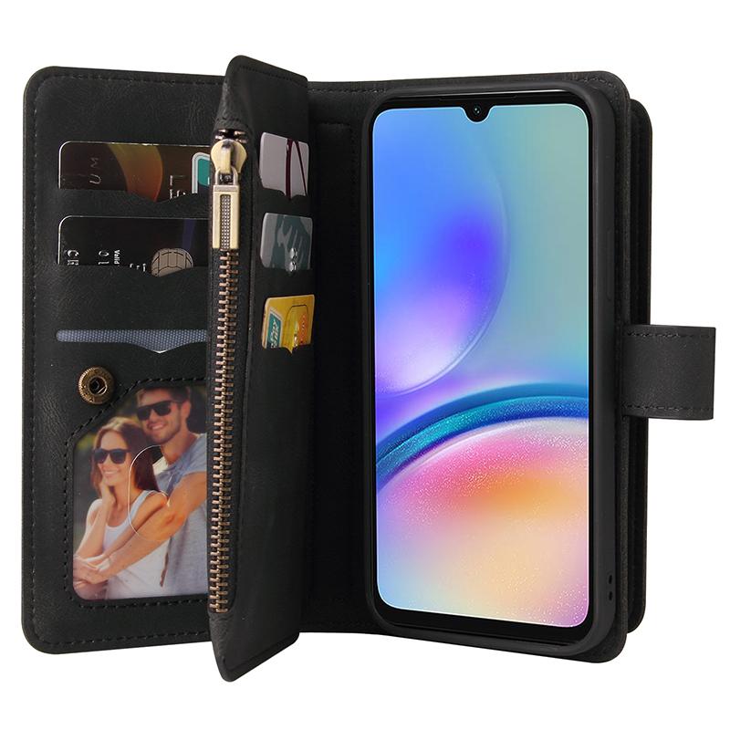 

For Samsung Galaxy A05s 4G Zipper Wallet Case with 15 Card Slots and Strap Leather Phone Cover Black