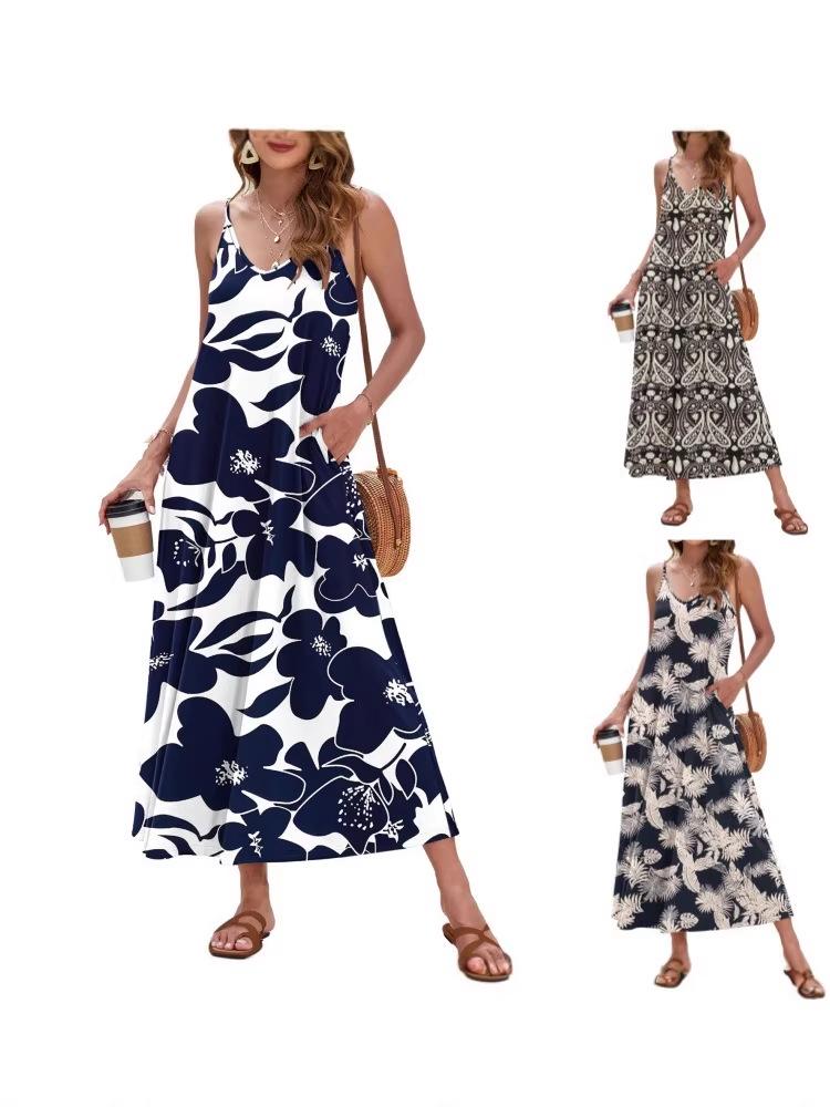 2026 Elegant European & American Spaghetti Strap Long Printed Dress with Pockets