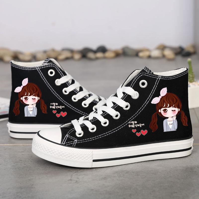 Dámské Boty Jarní Vysoké plátěné Boty Dámské Ploché Ležérní Deskové Boty Studentky Graffiti Boty Korejská verze Wild Cloth Boty Tide