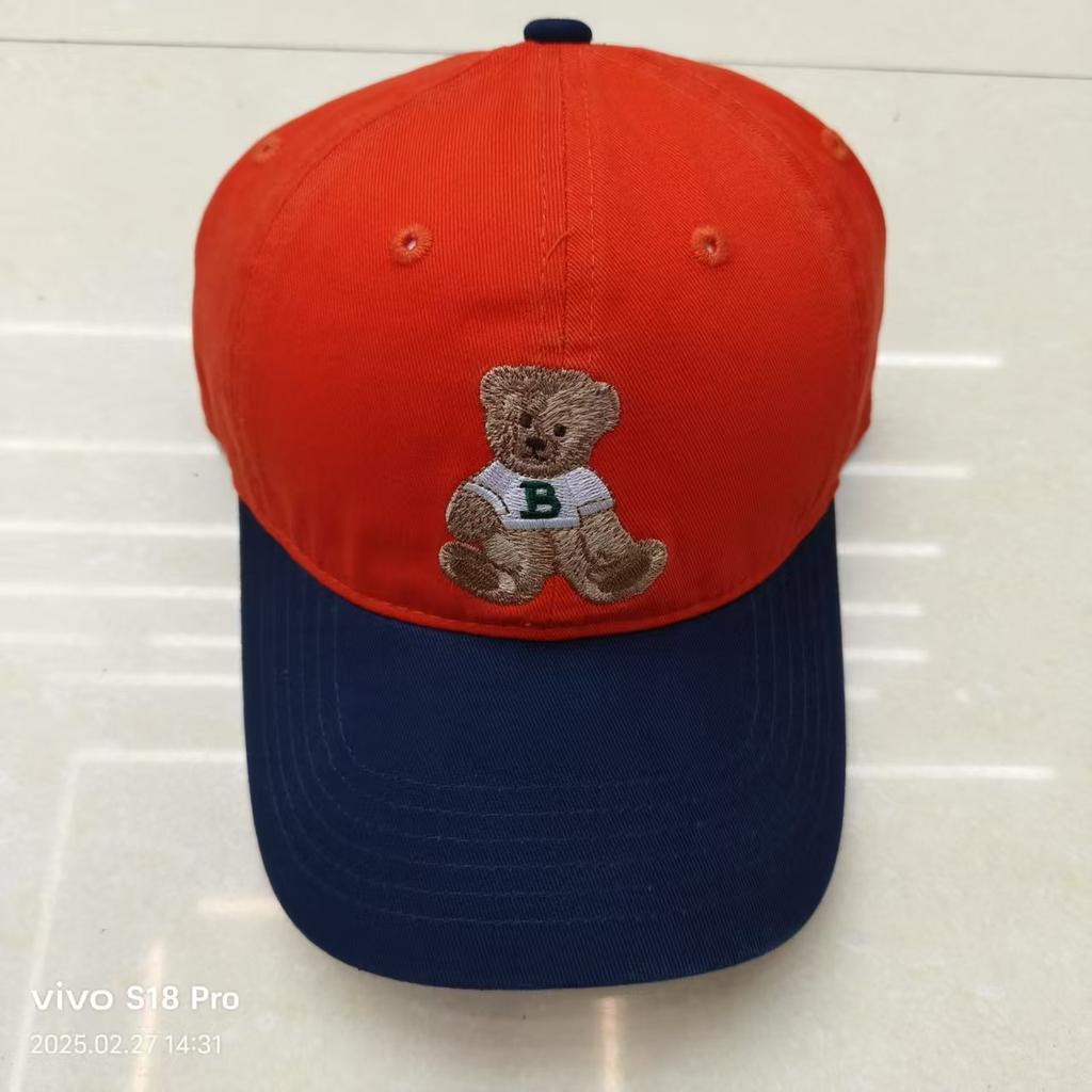 New Color blocking Bear Embroidered Baseball Cap Korean Sweet and Cute Versatile Baseball Cap Big Head Circumference Wide Brim Showing Small Face