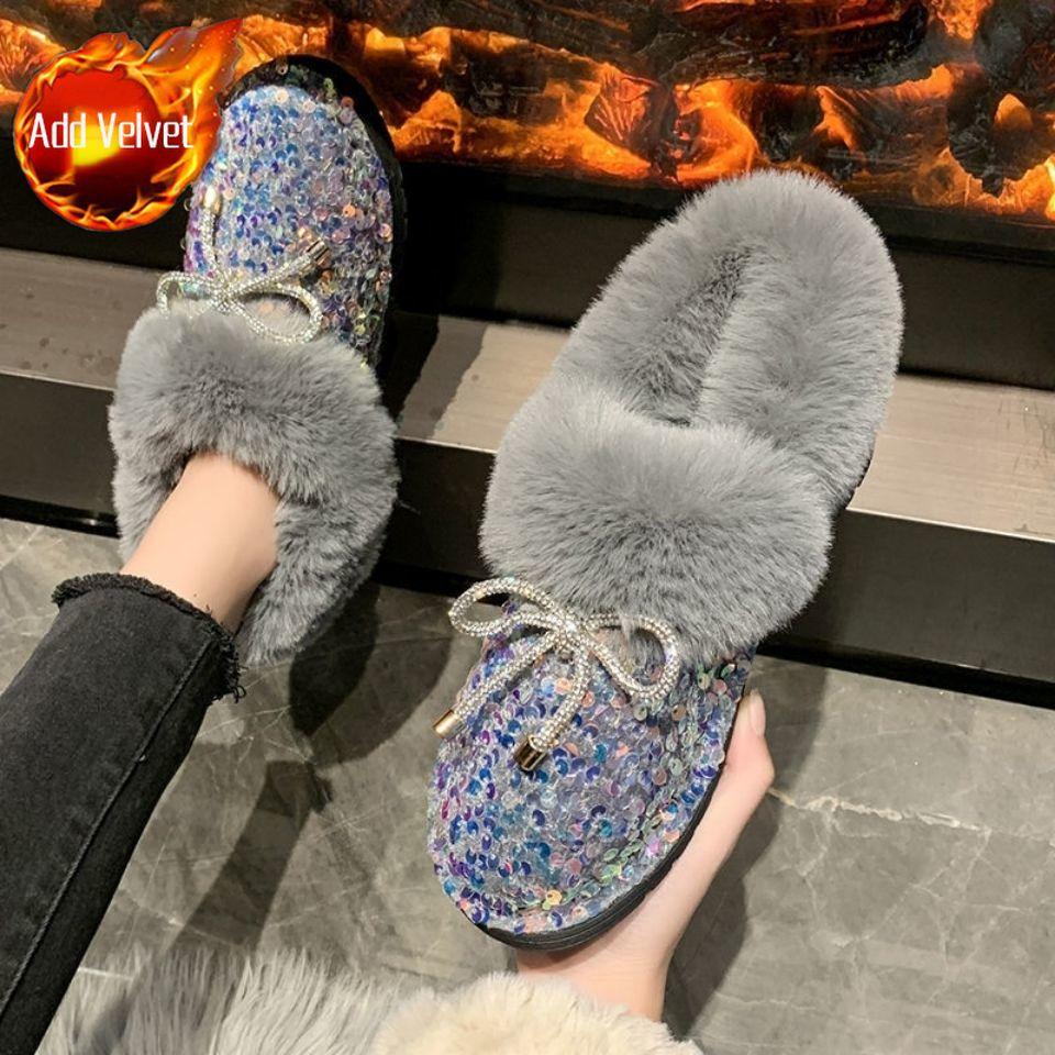 Sequins Bow Flat Snow Boots for Women Winter Round Toe Woman Shoes Padded Comfortable and Elegant On Offer Y2k Work Furry Boot