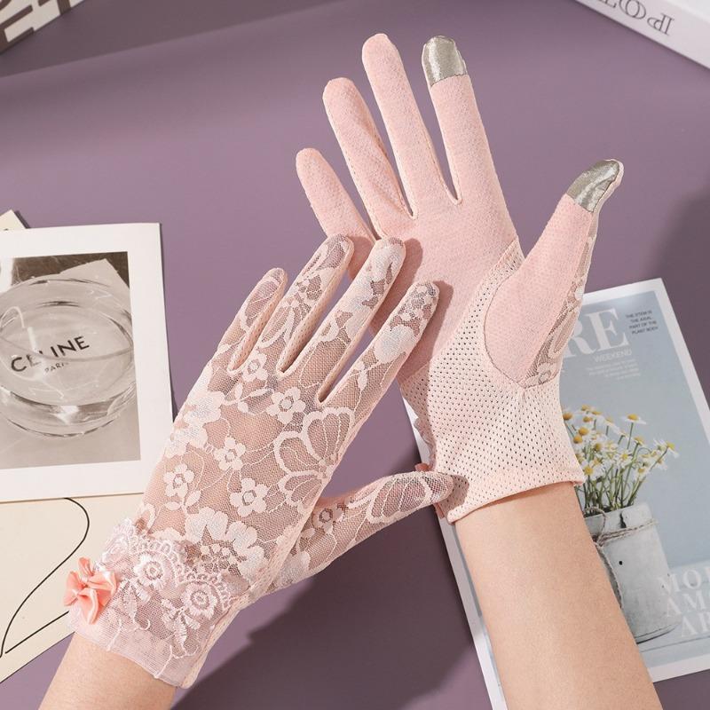 New sunscreen gloves women's spring summer outdoor riding driving lace non-slip bow