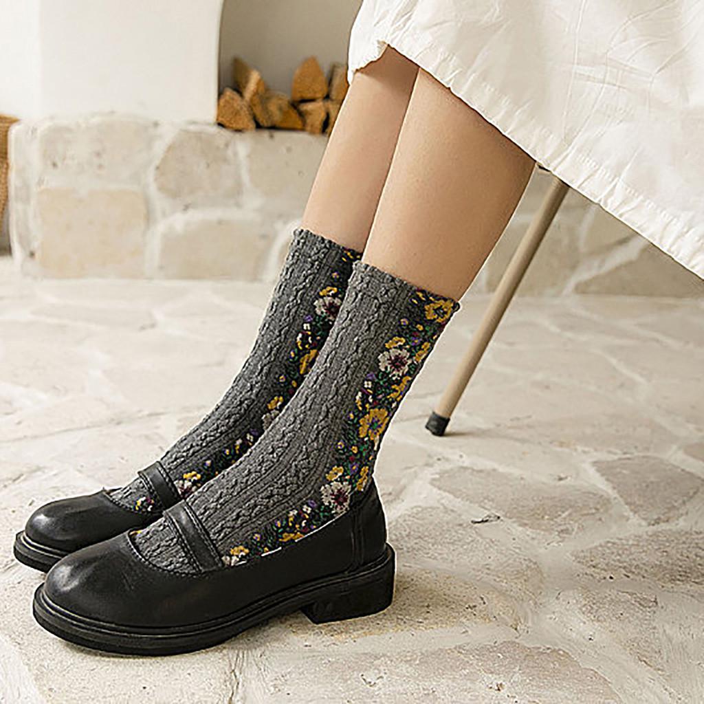 Damen Zopfmuster Rippstrick Crew Socken Floral Jacquardmuster Vintage Stil Farbblock-Design Weicher Bequemer Stoff