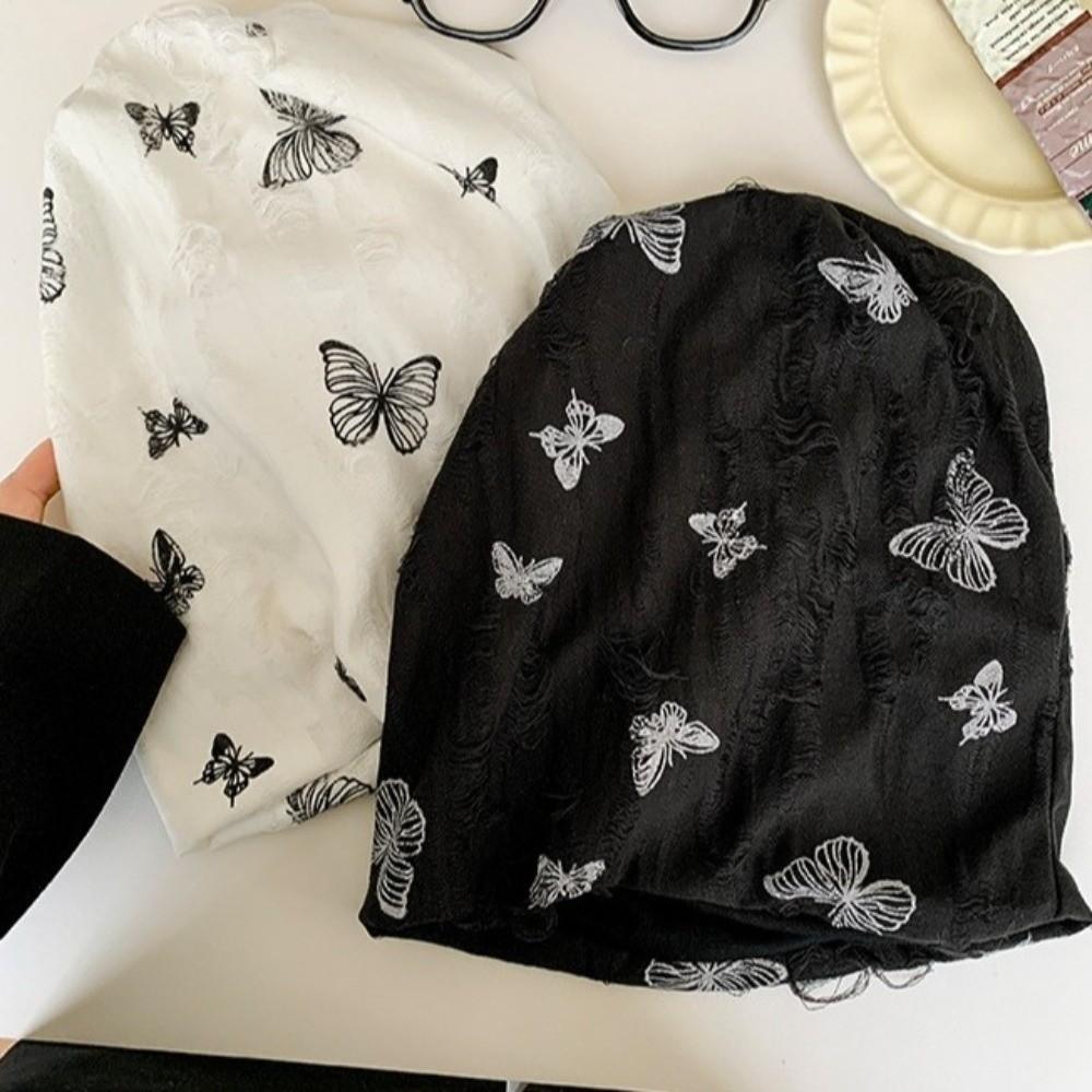 Coldproof Fleece Beanies Thickened Plush Pullover Hat Harajuku Butterfly Print Beanies  Female