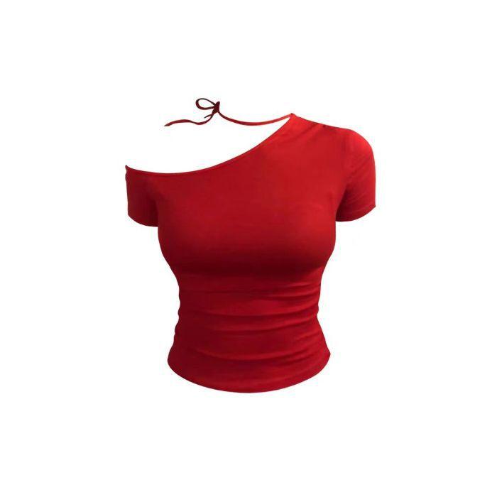 

Sexy Sweet Spice Wind Slash Shoulder Short Sleeve T Women s Summer Slash Neck Pure Shoulder Strap Skinny Niche Top s (recommended within 50kg ) красный