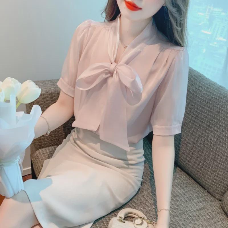 2025 Summer New Korean Style V-Neck Bow Lace Chiffon Shirt - Pink Sweet Short-Sleeved Top