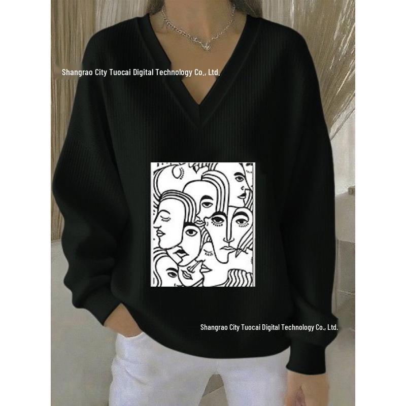 2025 3D Print V-neck Knit Pullover: Versatile Loose Fit Sweater for Autumn/Winter