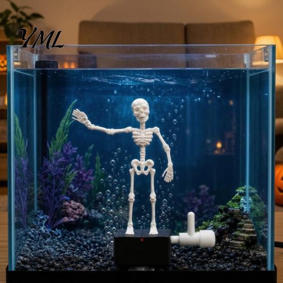 Spooky Halloween Decor Aquarium Dancing Skeleton, Bubble Driven Moving Joints Skeleton Underwater Skull Ornament, Realistic Swing
