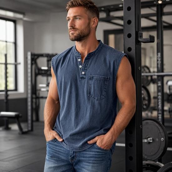 Men's Sleeveless Shirts, V Neck Breathable Shirts, Casual Summer Lightweight Pocket Top, Button Up Solid Color Stretchable Top for Summer