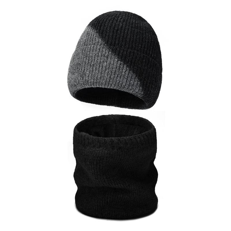 Winter Wool Hat Men Color-Matching Cashmere Knitted Hat Gloves Neck Set Three-Piece Thick Cold-Proof Cap