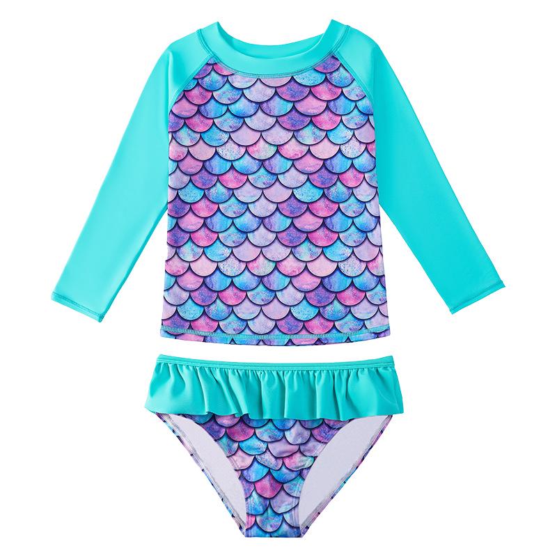 Girls' Long Sleeve Fish Scale Swimsuit Set with Sunscreen Protection
