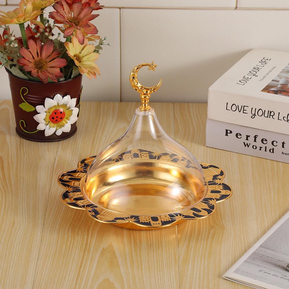 Eid al-Fitr Circle Shape Fruit Tray,Golden With lid Acrylic Alloy Tea Disc Home Cheese Food Plate,Snack Disc Table Decoration