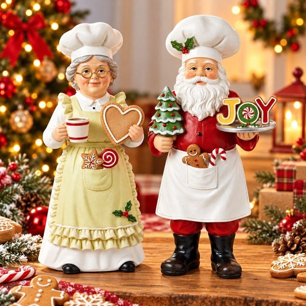 2PCS Chef Hat Chef Santa Figurine Apron Chef Statue Mrs. Claus Figurine Dining Table Centerpiece