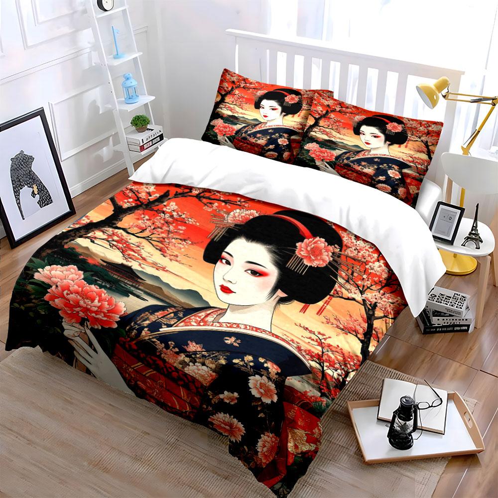 Vintage Japanese Geisha Dark Blue Kimono Peony Cherry Blossom Lake Mountain Bedding Set Oriental Floral Print Duvet CoverGift
