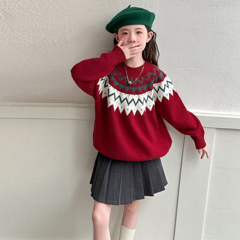 

Girls Fair Isle Red Knitted Sweater - Round Neck, Long Sleeve, Chunky Knit, for Autumn/Winter 2025, Mid & Big Kids Casual Jumper. 160 cm красный