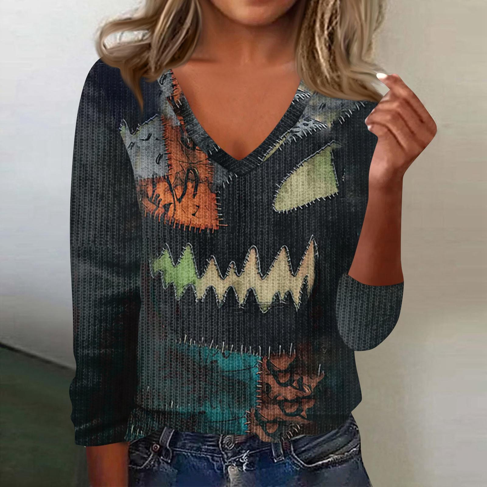 

Женский милый свитер вязаный модный повседневный с V-образным вырезом длинным рукавом уютный с принтом топ XL чёрный