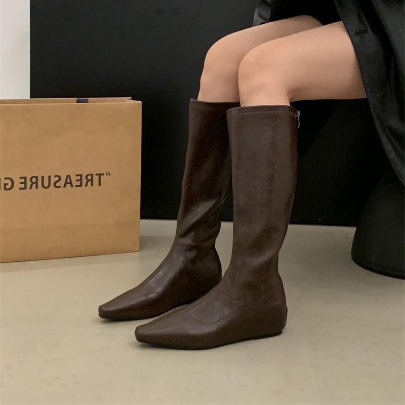 2025 Autumn and Winter New Small Square Head Low Heel Knight Boots Retro Inner Heightening Boots Versatile Square Head High Boots Women