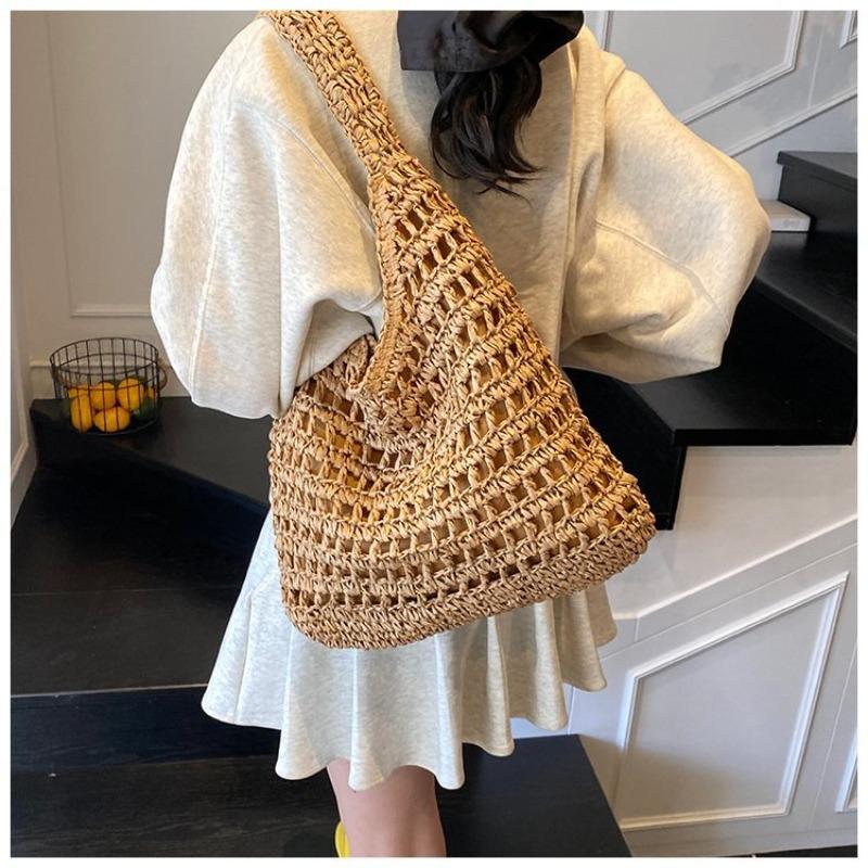 Versatile One-shoulder Straw Woven Bag, New Handmade Hollow Woven Bag, Tote Bag, Large-capacity Bag, Women's Portable Beach Bag.