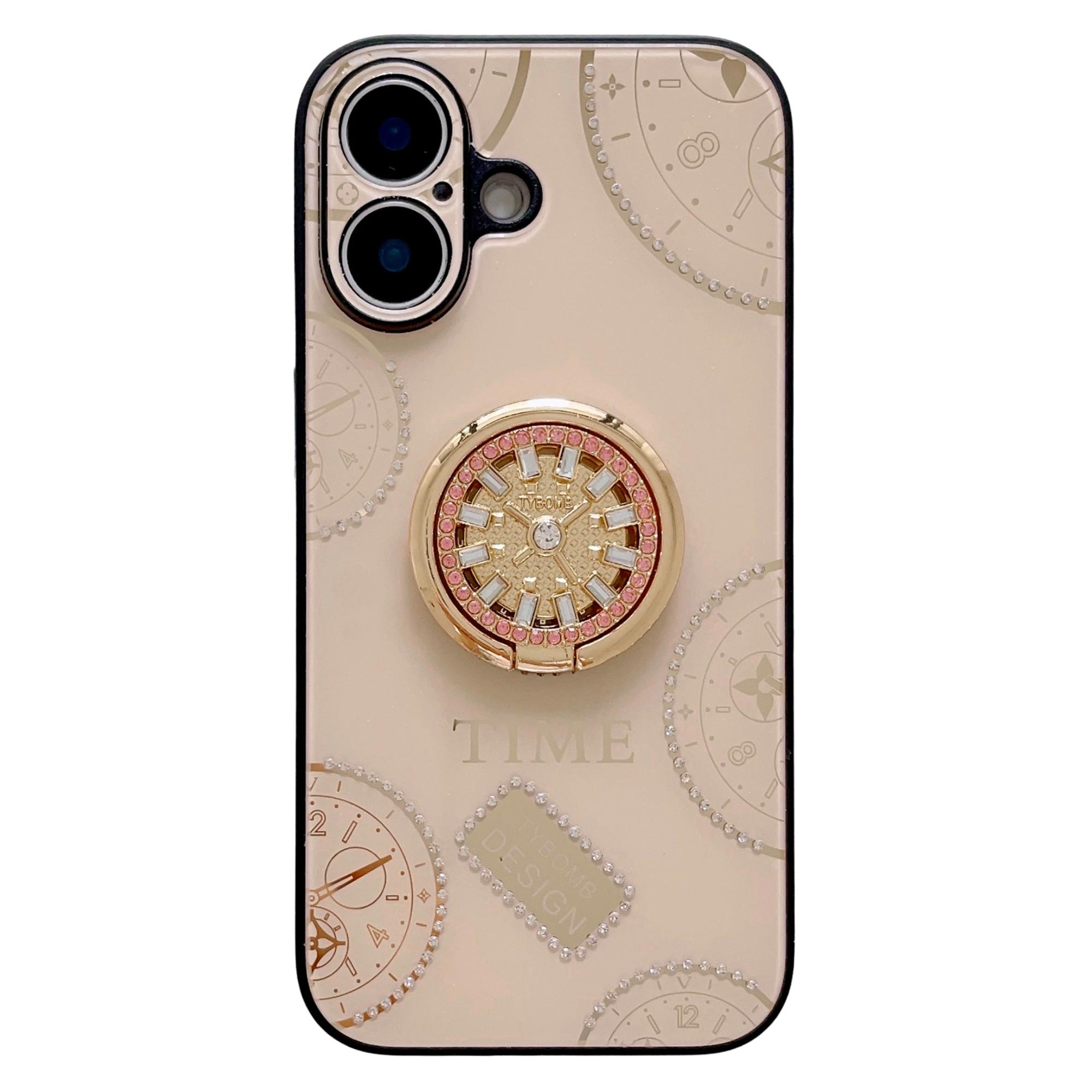 

For iPhone 16 Case Clock Motifs TPU+PC Phone Cover with Rhinestones Decor Ring Kickstand B