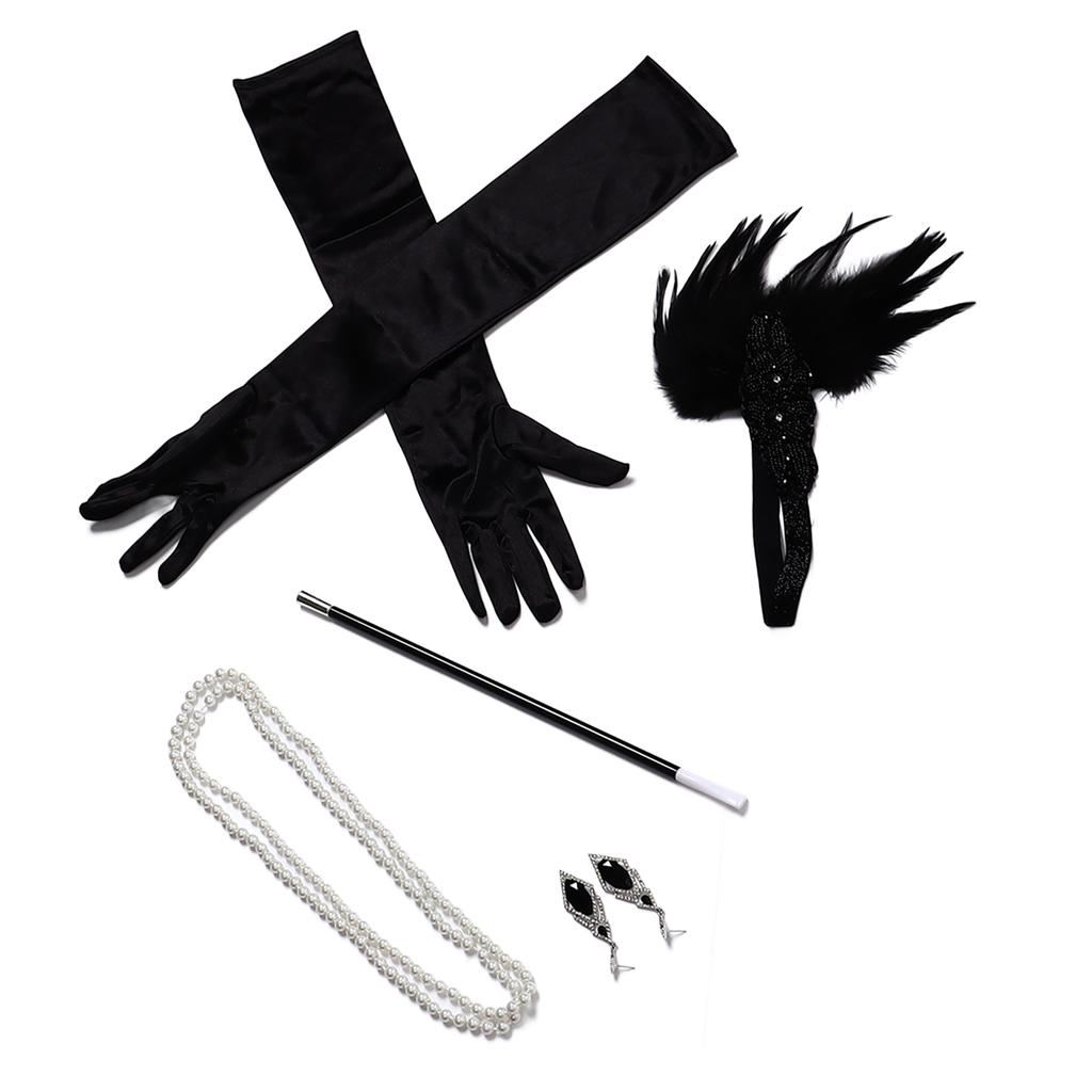 5 Stück Partykostüm Stirnband Feder Kopfschmuck Falsche Perlenkette Strass Ohrringe Handschuhe Cosplay Set
