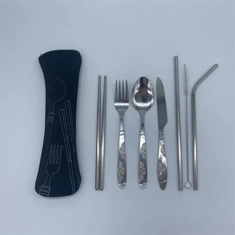 7/3 Pcs Stainless Steel Outdoor Camping Tableware Set Of Pieces Western Food Steak Knife Fork Spoon Creative Cloth Bag Portable