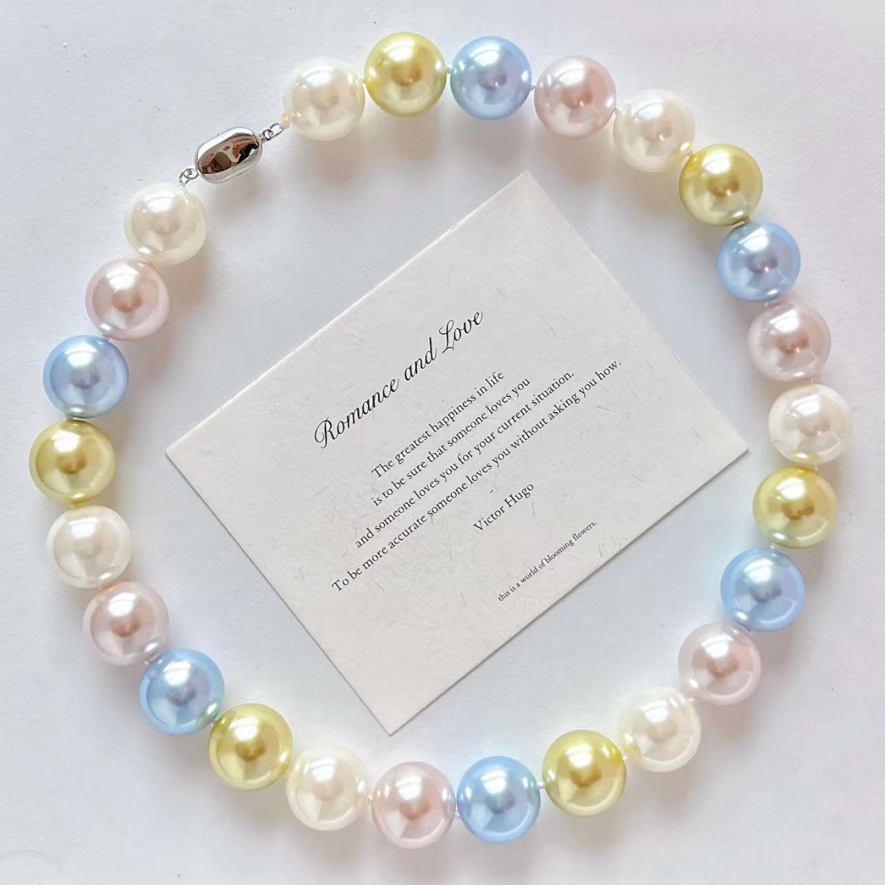

Vintage 16Mm Large Granular High Quality Color Pink Blue Artificial Crystal Pearl Necklace Clavicle