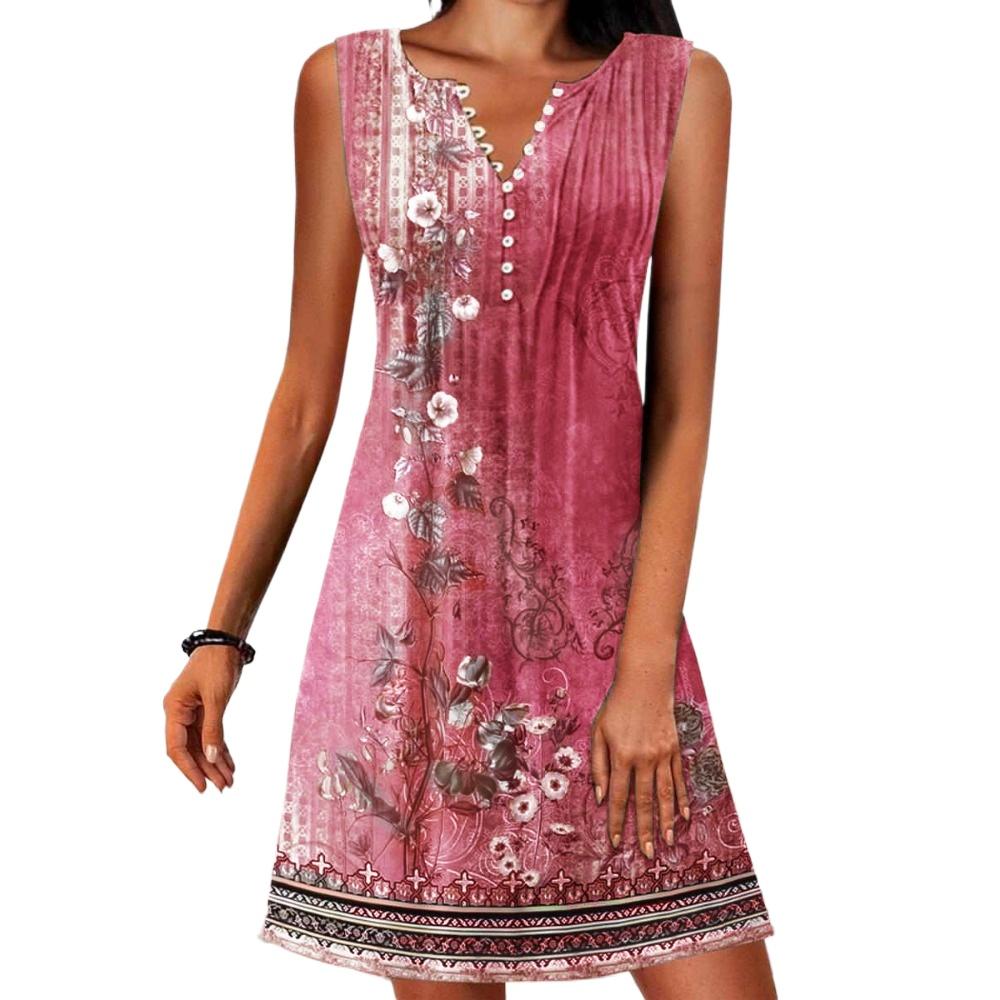 HNXC Damenmode Sommer Blumendruck Ärmellose V-Ausschnitt Freizeitkleider