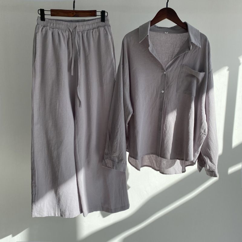Shirt and Pants Set Summer Women's Retro Plus Size High Waist Loose Pants Cotton Linen Shirt Outfit