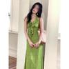 Gentle temperament waist-wrapped hip-split long dress French green v-neck ruffle edge floral neck dress
