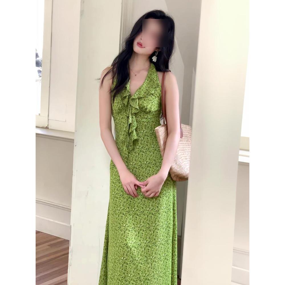 Gentle temperament waist-wrapped hip-split long dress French green v-neck ruffle edge floral neck dress