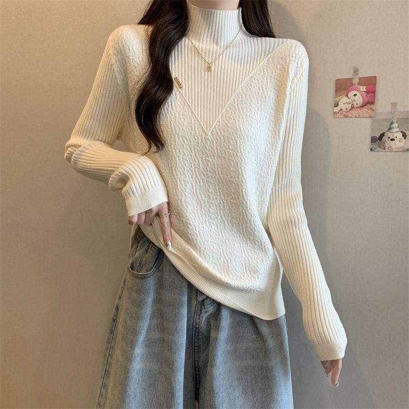 

Женский базовый слой-пуловер большого размера Женский осенне-зимний свитер с полувысоким воротником Свободный вязаный свитер-топ 3XL бежевый