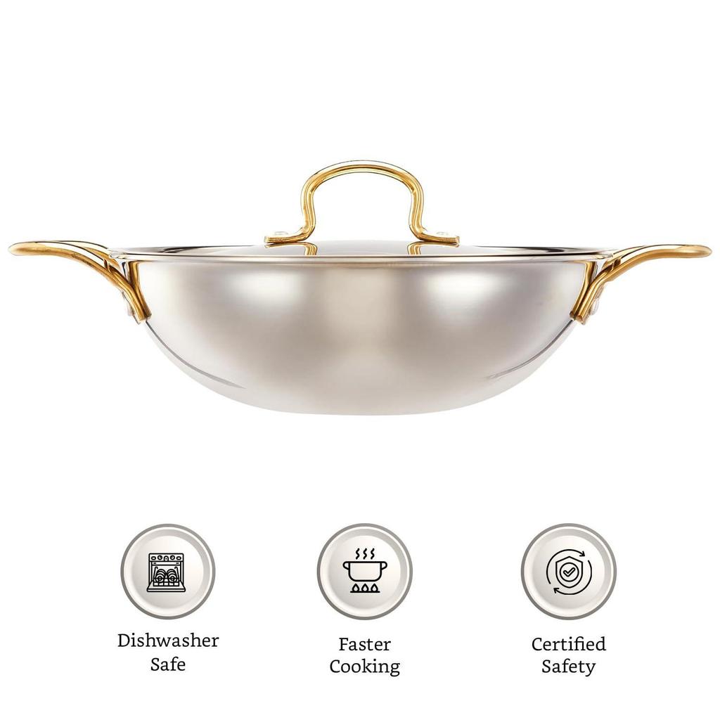 Stainless Steel Triply Kadai 24 Cm with Ss Lid and Pvd Coated Handles (Gold and Rose Gold Colour)