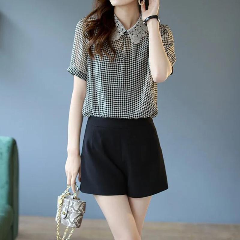 Sommer Damen Elegant Mode Vintage Hahnentritt Spitze Patchwork Pullover Chiffon Hemd Kurzarm Locker Lässig Blusen
