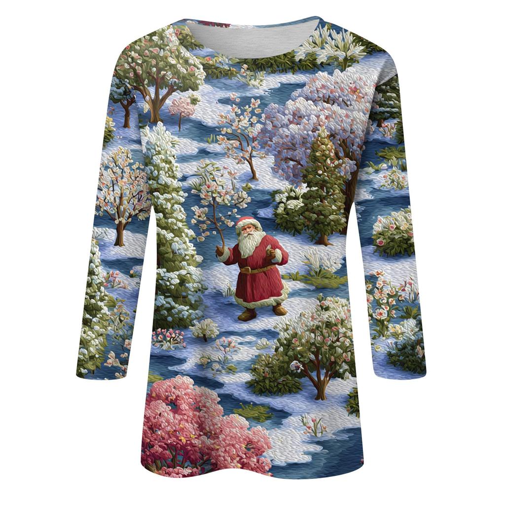 3/4 Sleeve Shirts For Women Print Christmas Tees Blouses Casual Plus Size Basic Tops Pullover