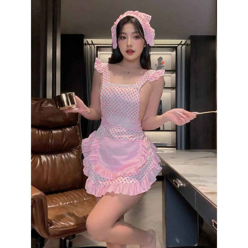 Sexy Polka Dot Pajamas Push Up Pure Desire Sweet Cute Pink Cook Sweet Plaid Spliced Lace Dress Elegant Pink Sexy Women M52V