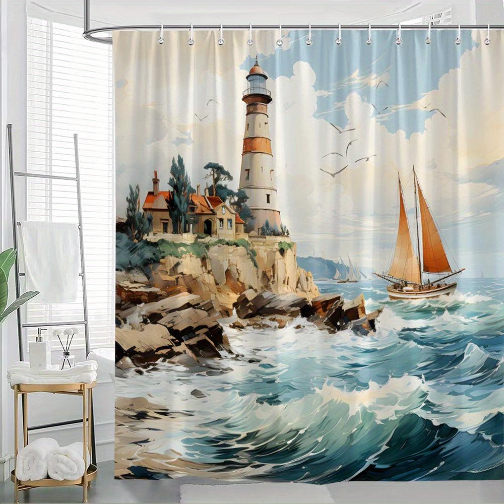 1pc Coastal Lighthouse Shower Curtain - Nautical Bathroom Decor with Red & White Lighthouse, Sailboat, Rocky Cliffs - Extra Larg 90x180cm35x71in
