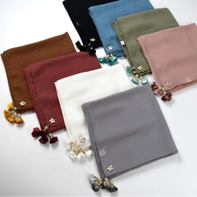 Pure Color Pearl Chiffon Square Scarf For Women Ins Style