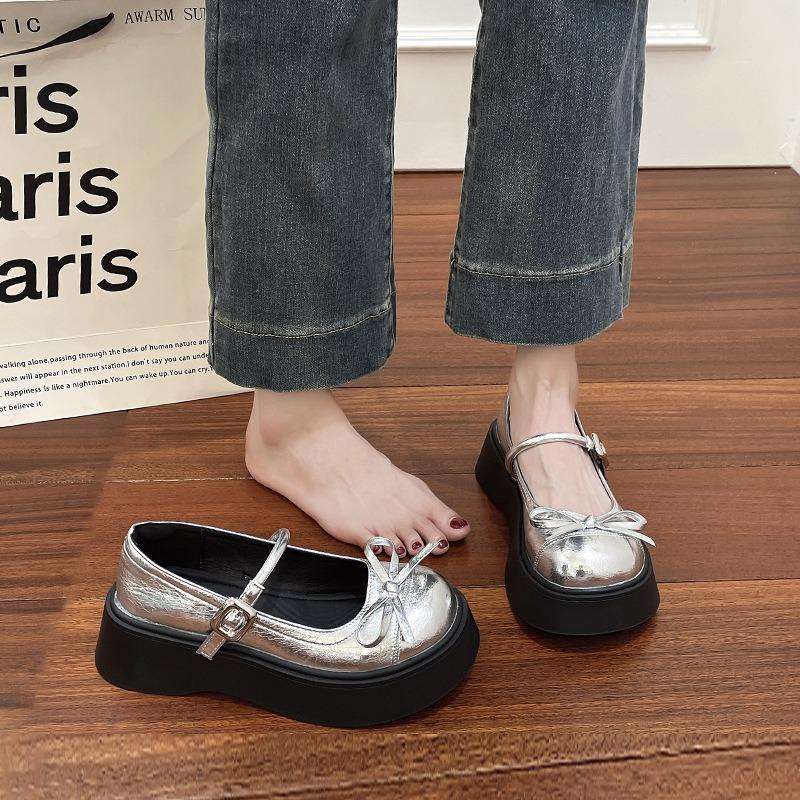 Bow thick sole heightening Mary Jane shoes women's new summer wear with skirt retro single shoes