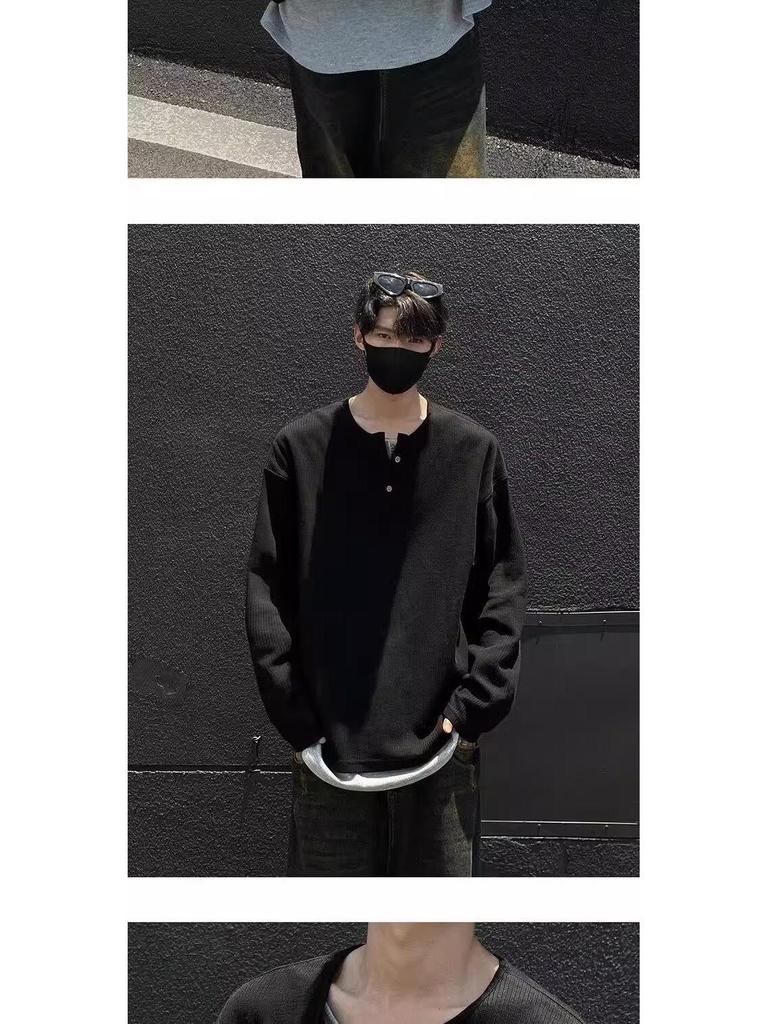 Men's Autumn Korean Style Slim-Fit Henley Long-Sleeve T-Shirt