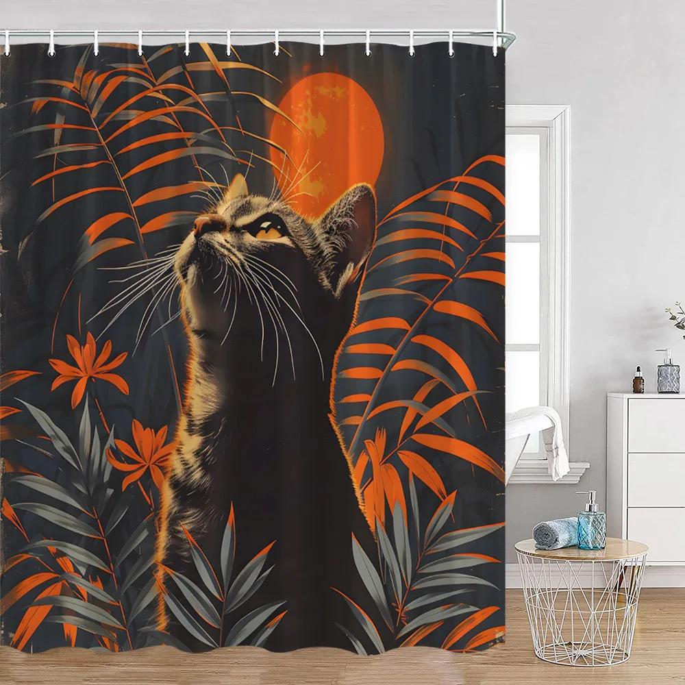 Grappige Katten Douchegordijn Katten Rijden op Haaien Cool Schattige Katten Honden Bloemen Zomer Badkamer Decoraties Polyester Badgordijn