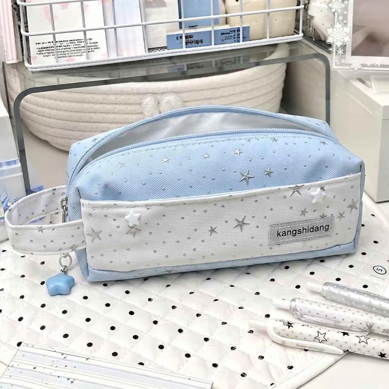 Handheld Polka Dot Stars Pencil Case Portable Large Capacity Stationery Bag for School Travel Pen Storage