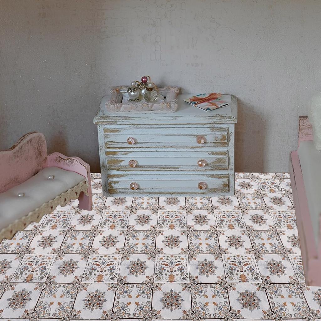 VICASKY Miniature Dollhouse Floor Scale Retro Floral Design Floor Dollhouse 16x12 Model Decor Tiles, 1/12 Mats, Accessories, Inches, Vintage-Style